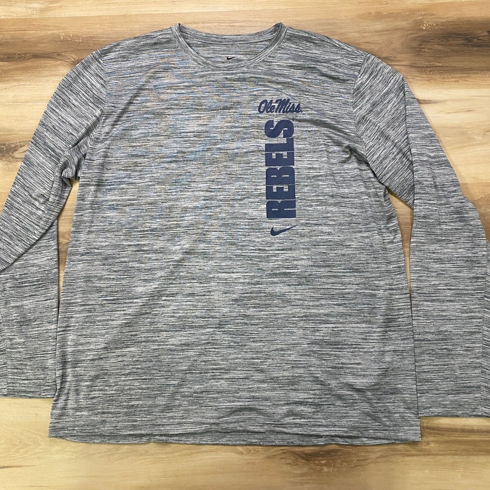 Nike Ole Miss Rebels Shirt XXL Long Sleeve Dri-FIT Polyester Gray Space Dye Tee